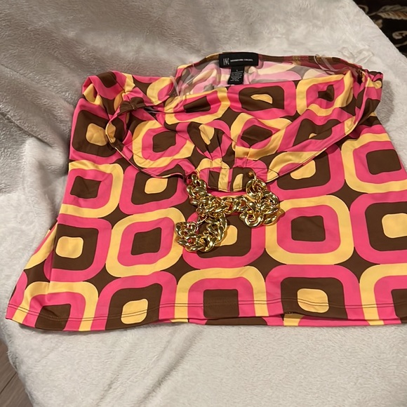 INC size large brown, pink, and yellow halter gold chain accent at neck - Picture 2 of 5
